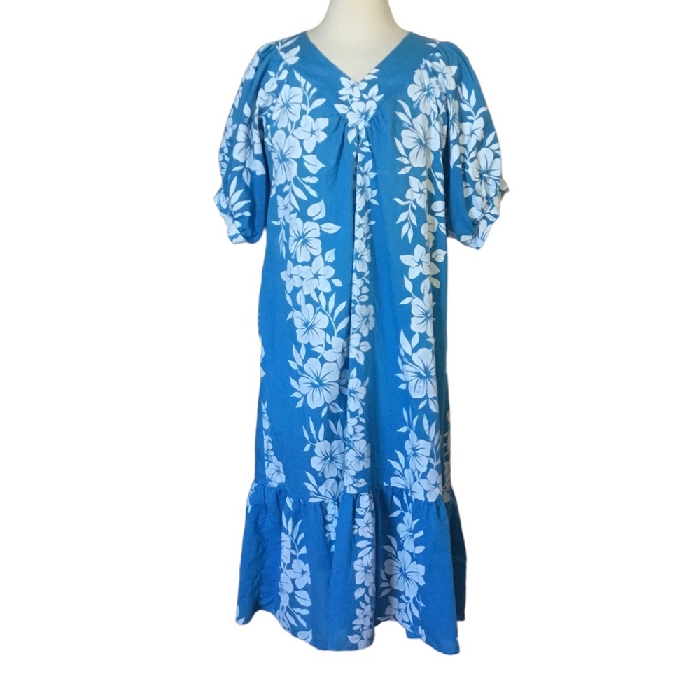Vintage Liberty House Blue White Floral Hawaiian Dress Muumuu